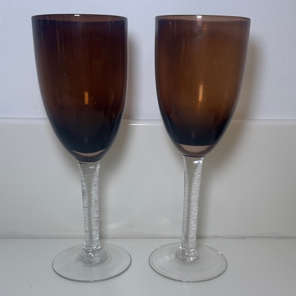 Coin Other - Elegant Brown Wine Glass Set w Crackle Stem Rare Vintage Amethyst Wine Glasses